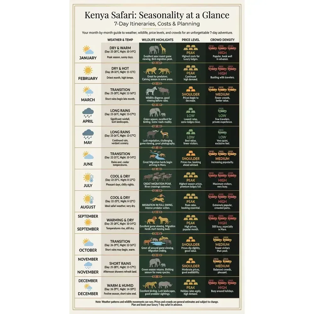 7 Day Kenya Safari: Itineraries, Costs & Planning – Kenya Safari: Seasonality at a Glance infographic for African safari planning. Key details: A 7 day Kenya safari can be the trip you talk about for the rest of your life, or it can. Visual focus: A month-by-month guide showing weather patterns, wildlife highlights,.