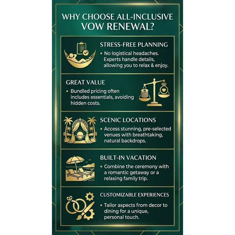 All-Inclusive Vow Renewal Packages – 2026 Guide | LVC – Why Choose All-Inclusive Vow Renewal? infographic for luxury destination wedding and travel planning. Key details: Featured image. Visual focus: Visually showcase the benefits of all-inclusive vow renewal packages,.