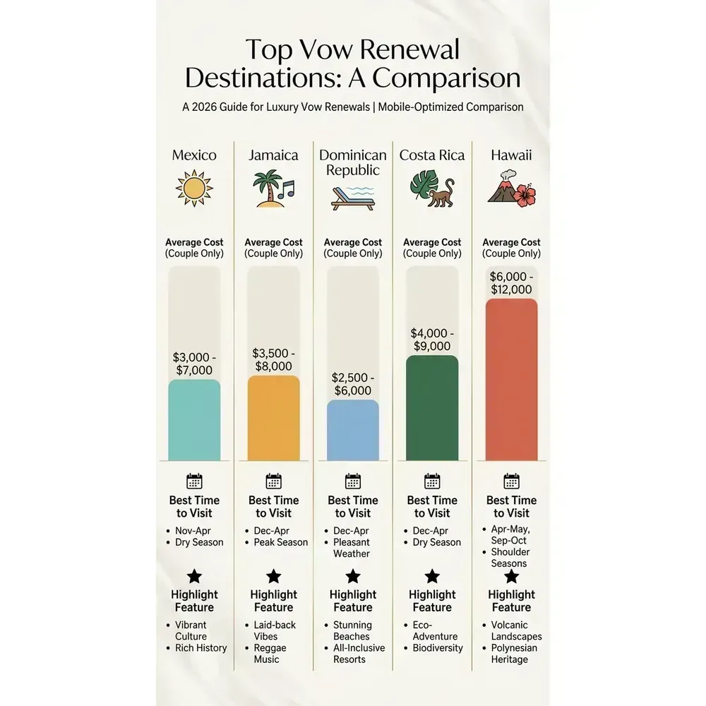 All-Inclusive Vow Renewal Packages – 2026 Guide | LVC – Top Vow Renewal Destinations: A Comparison infographic for luxury destination wedding and travel planning. Key details: Featured image. Visual focus: Compare Mexico, Jamaica, Dominican Republic, Costa Rica, and Hawaii.