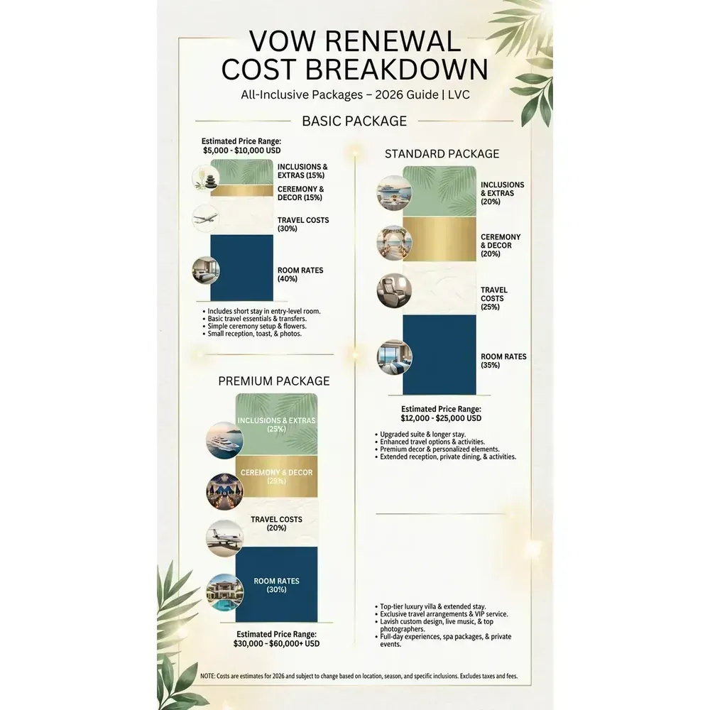 All-Inclusive Vow Renewal Packages – 2026 Guide | LVC – Vow Renewal Cost Breakdown infographic for luxury destination wedding and travel planning. Key details: Featured image. Visual focus: Illustrate the cost breakdown for basic, standard, and premium.