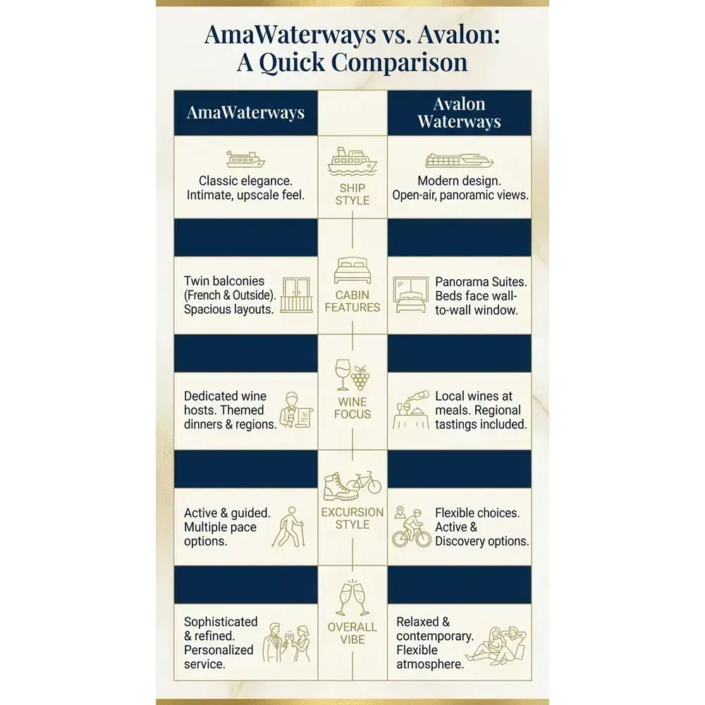 AmaWaterways vs Avalon Wine Cruises – 2026 Guide | Expert Picks – AmaWaterways vs. Avalon: A Quick Comparison infographic for luxury cruise planning. Key details:
. Visual focus: A side-by-side table summarizing key differences: ship style, cabin.