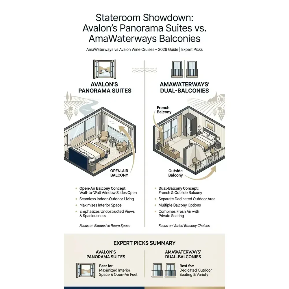 AmaWaterways vs Avalon Wine Cruises – 2026 Guide | Expert Picks – Stateroom Showdown: Avalon's Panorama Suites vs. AmaWaterways Balconies infographic for luxury cruise planning. Key details:
. Visual focus: Visually compare Avalon's open-air balcony concept with AmaWaterways'.