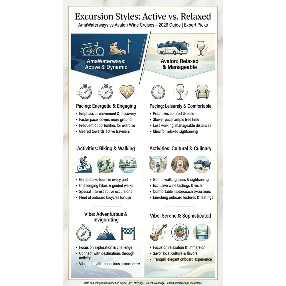 AmaWaterways vs Avalon Wine Cruises – 2026 Guide | Expert Picks – Excursion Styles: Active vs. Relaxed infographic for luxury cruise planning. Key details:
. Visual focus: Visually contrast AmaWaterways' active walking and biking excursions.