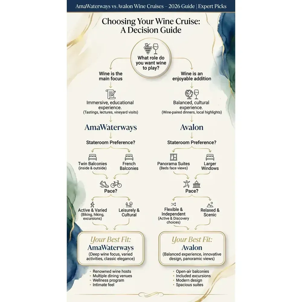 AmaWaterways vs Avalon Wine Cruises – 2026 Guide | Expert Picks – Choosing Your Wine Cruise: A Decision Guide infographic for luxury cruise planning. Key details:
. Visual focus: A flowchart helping readers decide between AmaWaterways and Avalon.