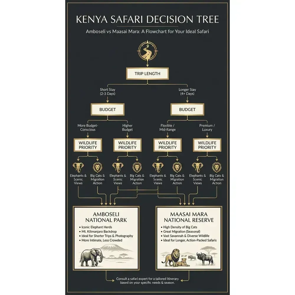 Amboseli vs Maasai Mara: How to Choose Your Safari – Kenya Safari Decision Tree infographic for luxury destination wedding and travel planning. Key details: Amboseli vs Maasai Mara is one of the key decisions in any Kenya safari plan. Both. Visual focus: A flowchart to help readers decide between Amboseli and Maasai Mara.