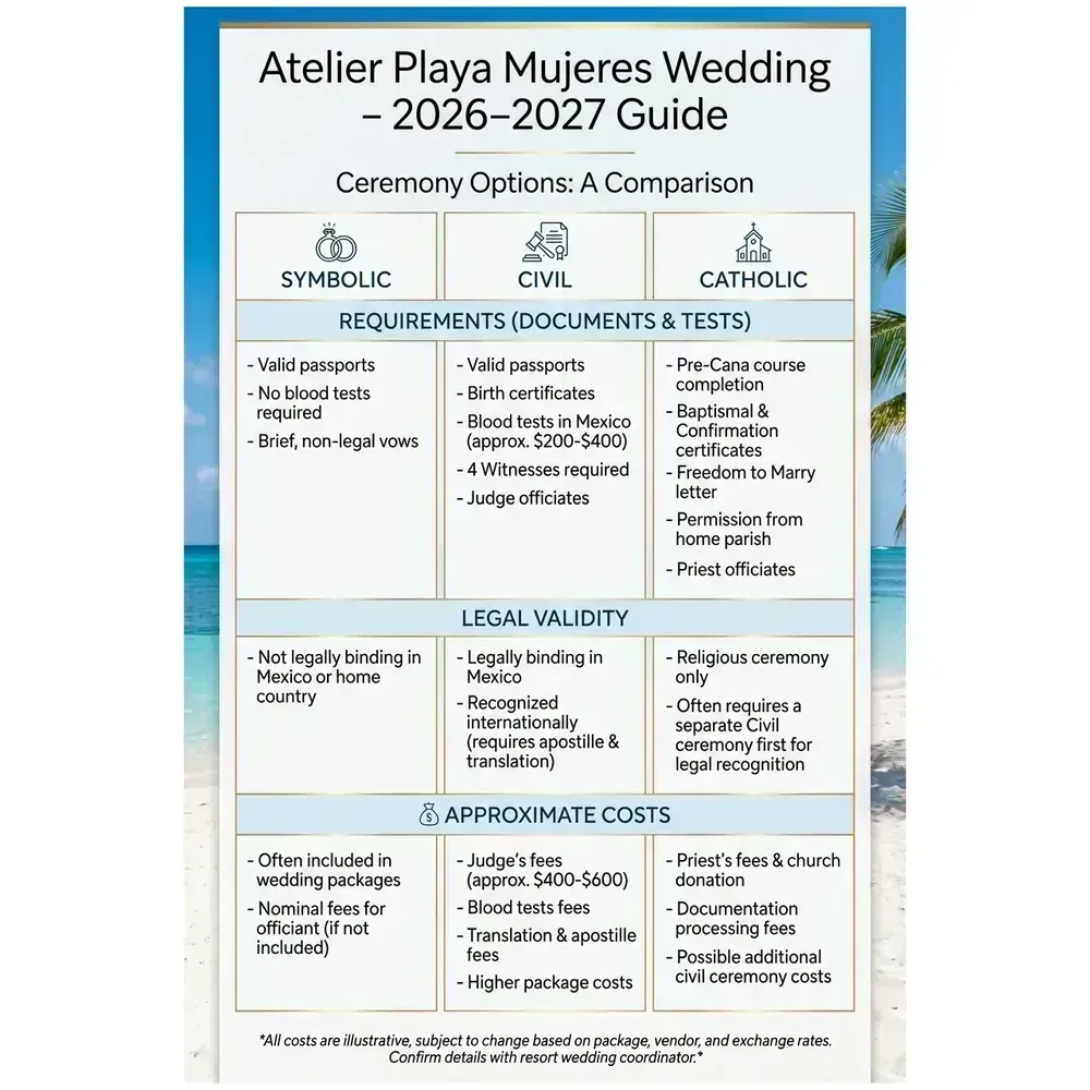 Atelier Playa Mujeres Wedding - 2026–2027 Guide – Ceremony Options: A Comparison infographic for luxury destination wedding and travel planning. Key details: Atelier Playa Mujeres Wedding. Visual focus: A table comparing symbolic, civil, and Catholic wedding ceremonies,.