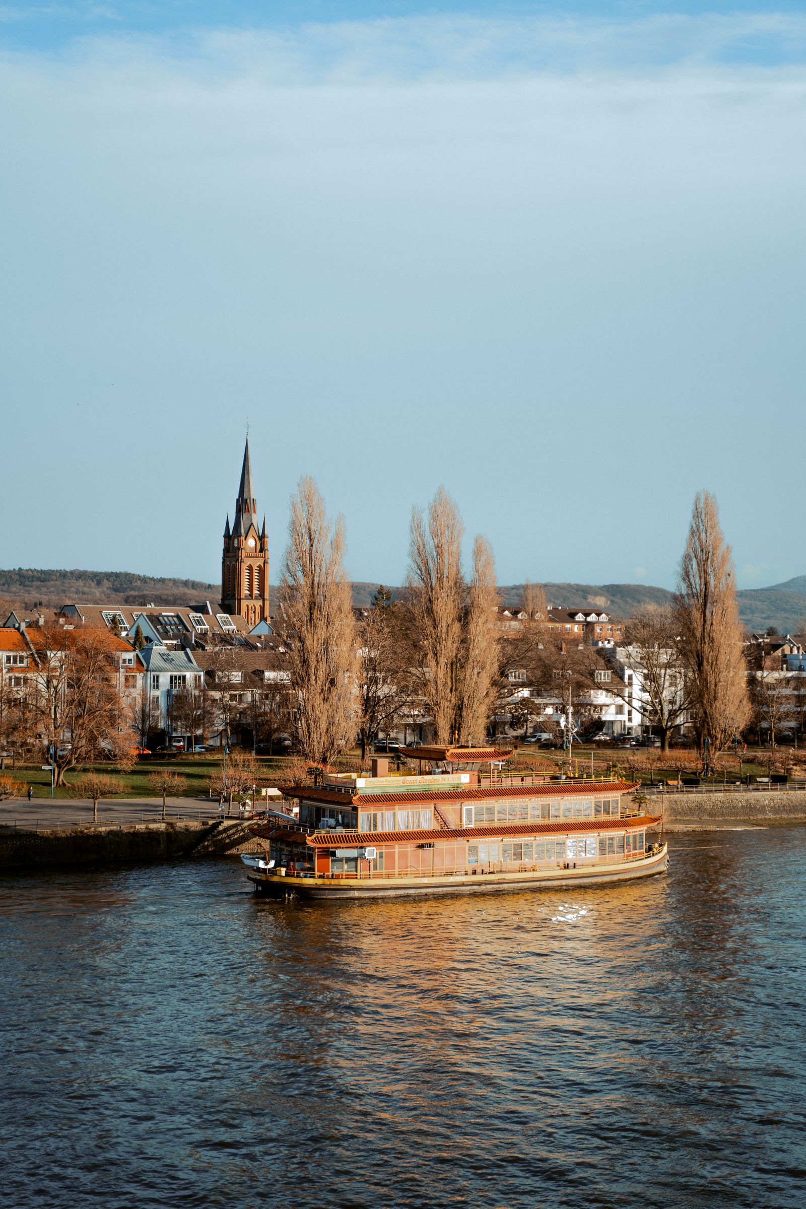 River cruise ship sailing on the Rhine in Bonn, Germany