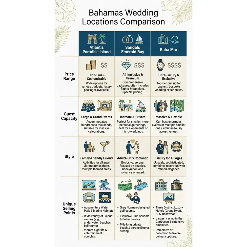 Bahamas Wedding Packages – Top 2026 Resorts | Luxury Vacations – Bahamas Wedding Locations Comparison infographic for luxury destination wedding and travel planning. Key details: Featured image. Visual focus: A side-by-side comparison table of Atlantis Paradise Island, Sandals.