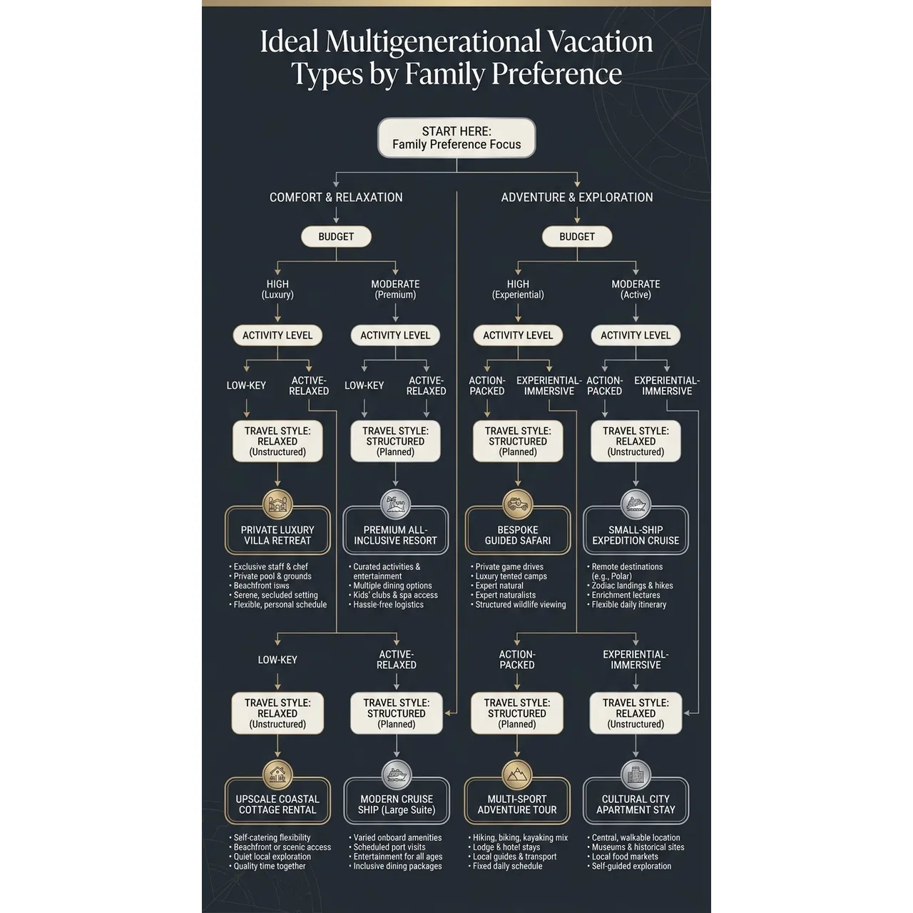 Best Multigenerational Vacation Ideas for Stress Free Trips – Ideal Multigenerational Vacation Types by Family Preference infographic for luxury travel planning. Key details: Planning a trip for grandparents, parents, and kids at the same time can feel a little. Visual focus: A decision tree diagram that helps readers choose the best vacation.