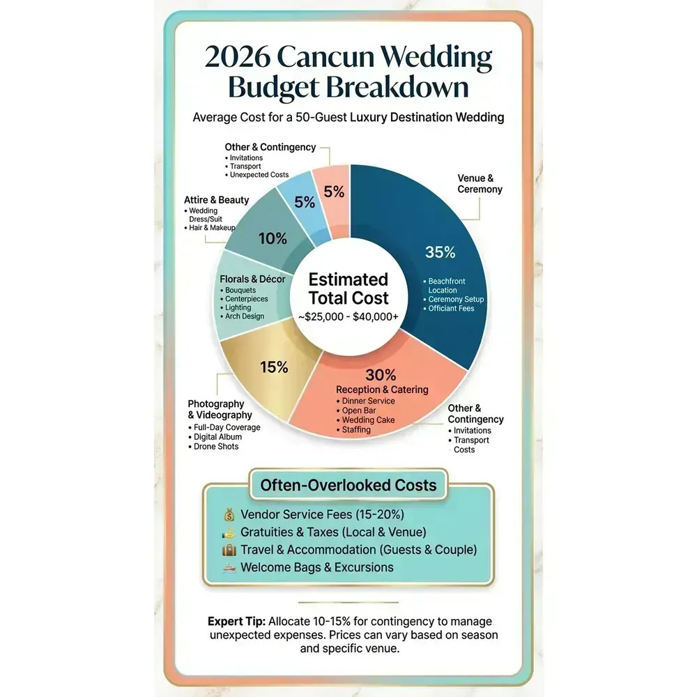 Cancun Wedding Venues - Top 10 for 2026 | Expert Guide – 2026 Cancun Wedding Budget Breakdown infographic for luxury destination wedding and travel planning. Key details: Planning a 2026 destination wedding and comparing **Cancun wedding venues (Top 10 for. Visual focus: A pie chart illustrating the average cost breakdown for a 50-guest.