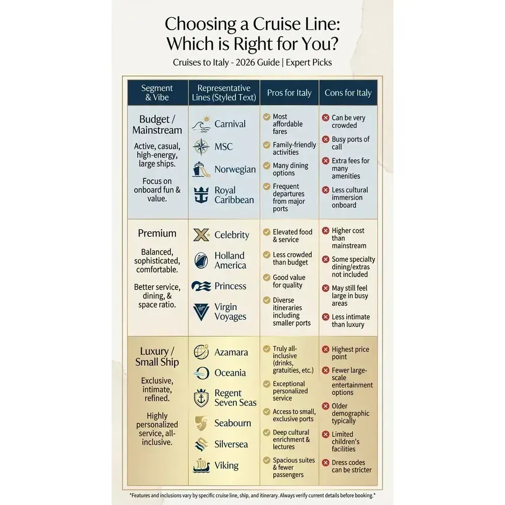 Cruises to Italy - 2026 Guide to Best Routes | Expert Picks – Choosing a Cruise Line: Which is Right for You? infographic for luxury cruise planning. Key details: Cruises to Italy draw huge demand because they promise Rome, Florence, Naples, Venice,. Visual focus: A table summarizing the different cruise line segments.