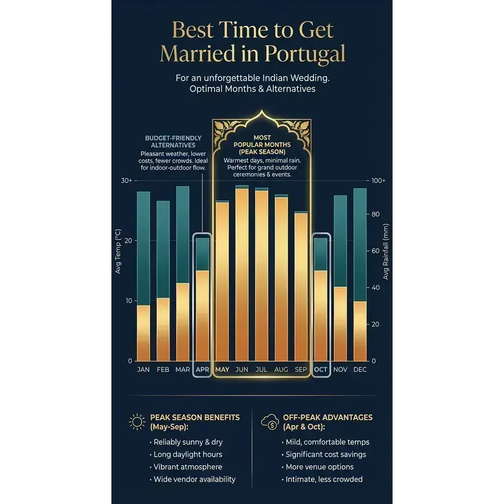 Indian Wedding in Portugal – Best Time to Get Married in Portugal infographic for luxury destination wedding and travel planning. Key details: Indian Wedding in Portugal. Visual focus: A bar graph showing the average temperature and rainfall in Portugal.