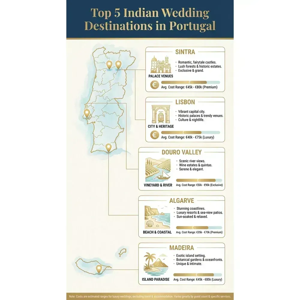 Indian Wedding in Portugal – Top 5 Indian Wedding Destinations in Portugal infographic for luxury destination wedding and travel planning. Key details: Indian Wedding in Portugal. Visual focus: A map of Portugal highlighting the 5 main wedding locations (Sintra,.
