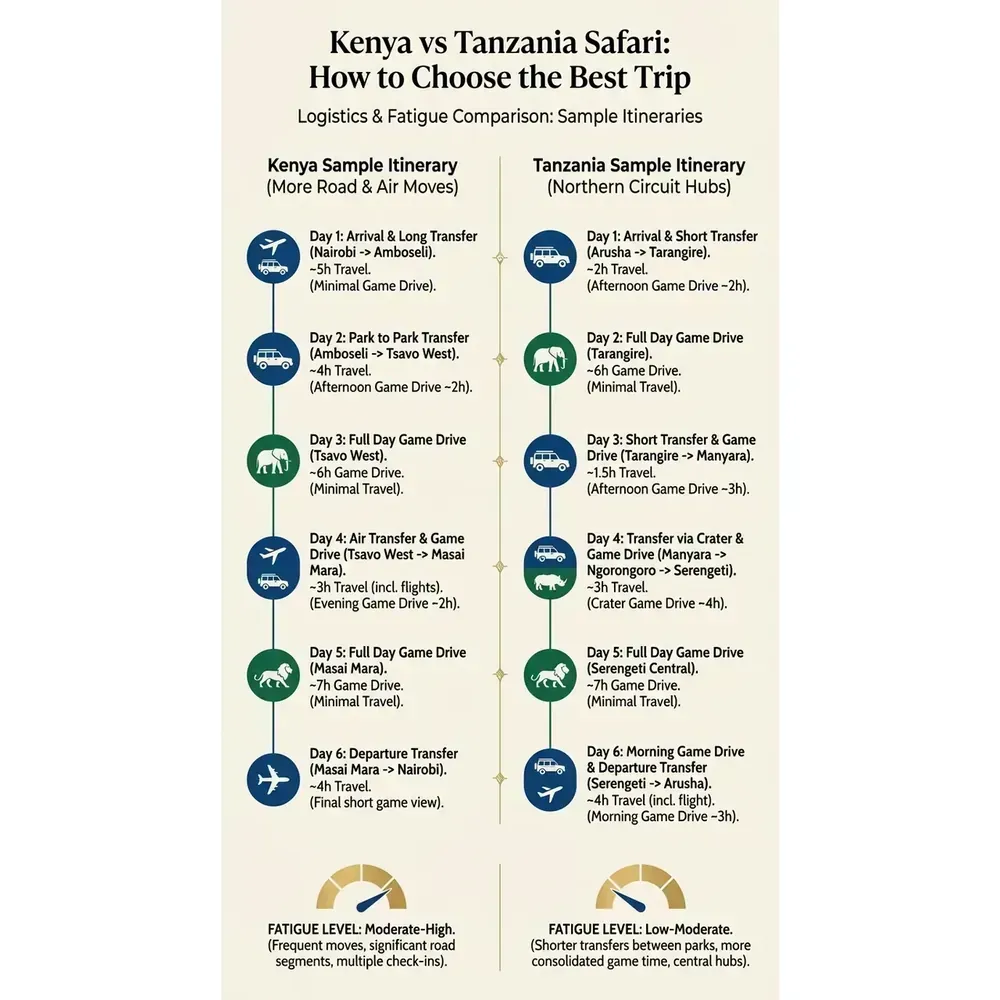 Kenya vs Tanzania Safari: How to Choose the Best Trip – Logistics & Fatigue Comparison: Sample Itineraries infographic for African safari planning. Key details: Choosing between a Kenya vs Tanzania safari is not about which country wins a. Visual focus: Compare two sample itineraries (one for Kenya, one for Tanzania).