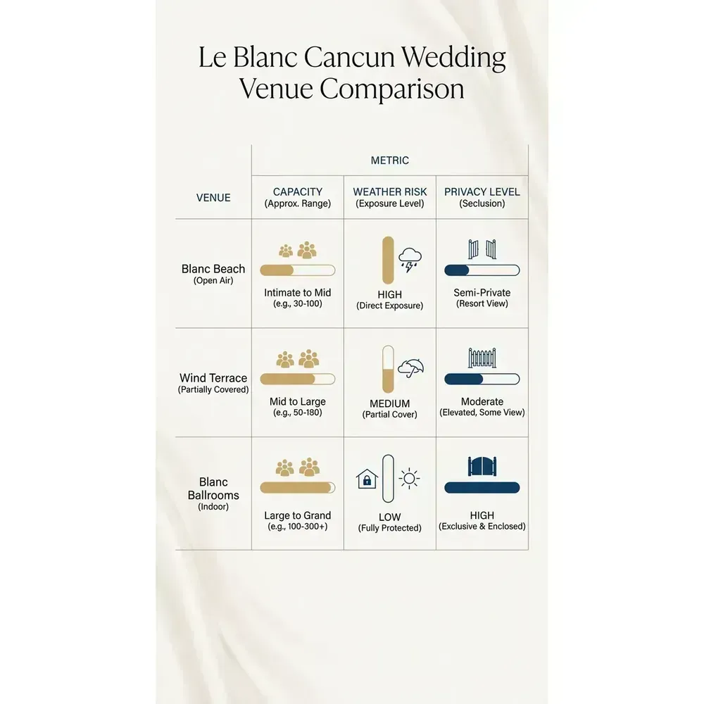 Le Blanc Cancun Wedding - The Complete Luxury Planning Guide (2026-2027) – Le Blanc Cancun Wedding Venue Comparison infographic for luxury destination wedding and travel planning. Key details: <div style="padding: 1rem; border: 2px solid #3b82f6; border-radius: 0.5rem;. Visual focus: A visual comparison of Blanc Beach, Wind Terrace, and Blanc.