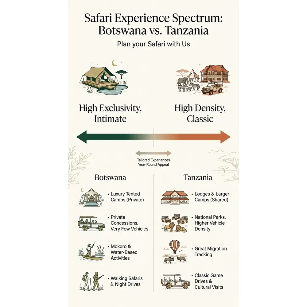 Plan your Safari with Us – Safari Experience Spectrum: Botswana vs. Tanzania infographic for luxury safari travel planning. Key details: Let us help you plan the perfect Safari whether you want Kenya or Tanzania (or both).. Visual focus: A spectrum visually representing the safari experience ranging from.