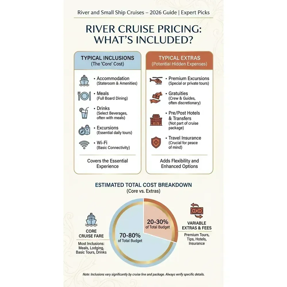 River and Small Ship Cruises – 2026 Guide | Expert Picks – River Cruise Pricing: What's Included? infographic for luxury cruise planning. Key details: Featured image. Visual focus: Illustrate typical river cruise inclusions (accommodation, meals,.