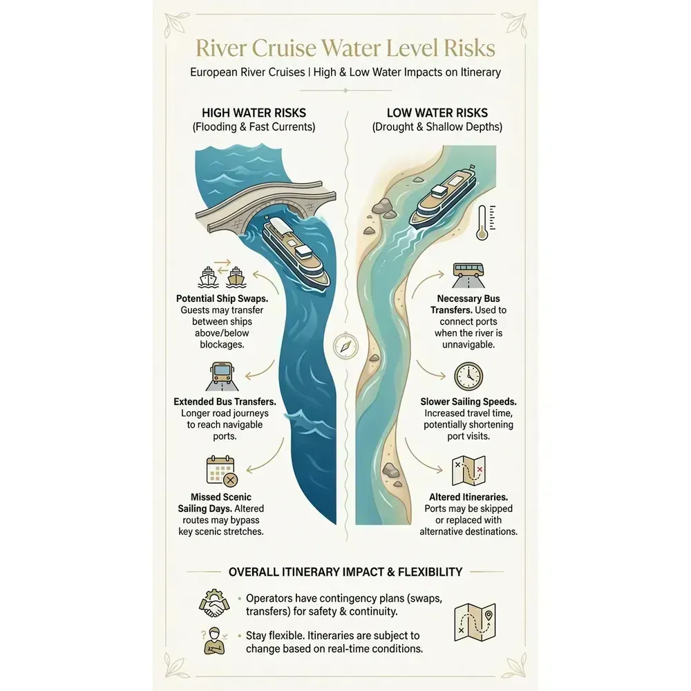 River and Small Ship Cruises – 2026 Guide | Expert Picks – River Cruise Water Level Risks infographic for luxury cruise planning. Key details: Featured image. Visual focus: Visually explain the risks of high and low water levels on European.