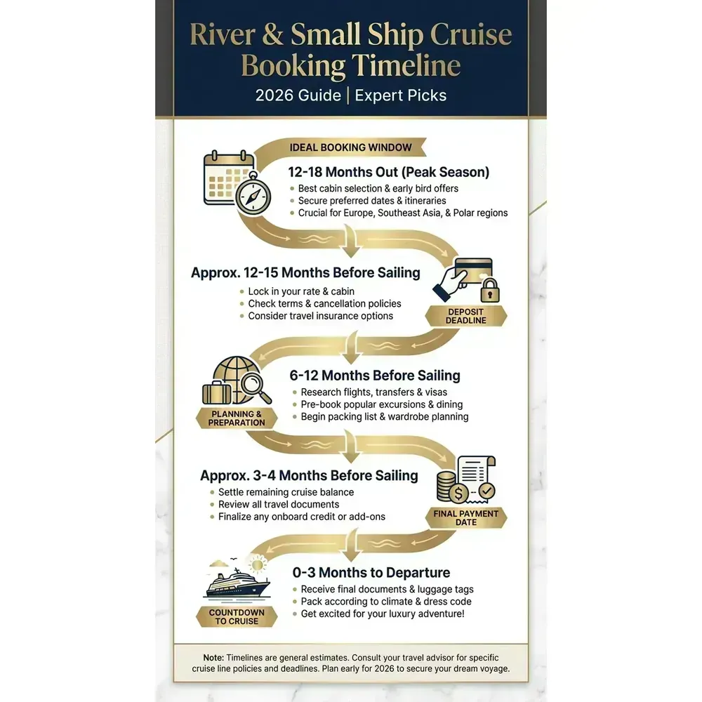 River and Small Ship Cruises – 2026 Guide | Expert Picks – River & Small Ship Cruise Booking Timeline infographic for luxury cruise planning. Key details: Featured image. Visual focus: Illustrate a timeline showing the ideal booking window for river and.