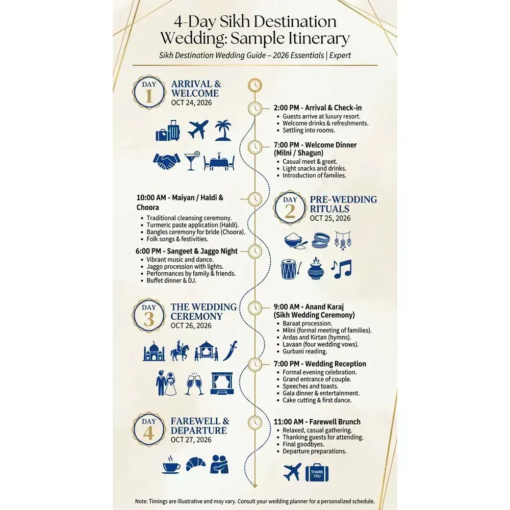 Sikh Destination Wedding Guide – 2026 Essentials | Expert – 4-Day Sikh Destination Wedding: Sample Itinerary infographic for luxury destination wedding planning. Key details: Planning a Sikh Destination Wedding is not about chasing Instagram shots. You are. Visual focus: Present a visual timeline of a typical 4-day Sikh destination.