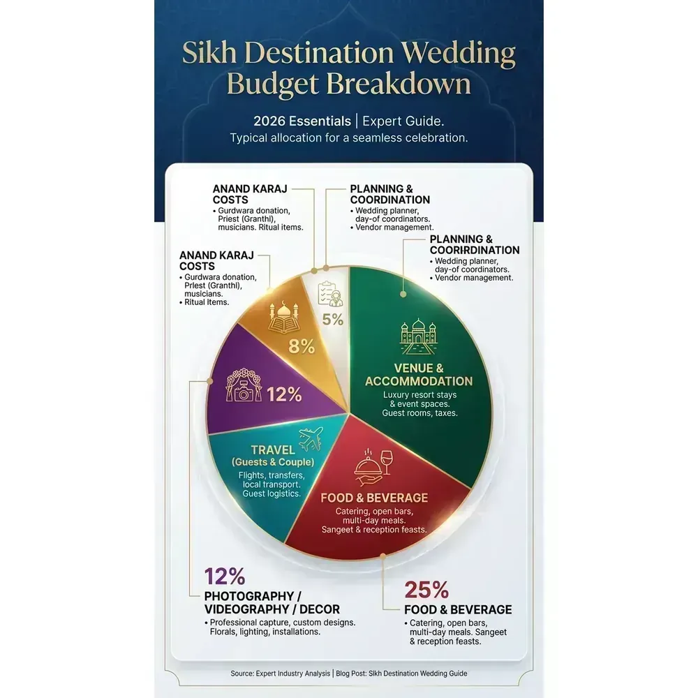 Sikh Destination Wedding Guide – 2026 Essentials | Expert – Sikh Destination Wedding Budget Breakdown infographic for luxury destination wedding planning. Key details: Planning a Sikh Destination Wedding is not about chasing Instagram shots. You are. Visual focus: Use a pie chart to illustrate the typical cost breakdown for a Sikh.