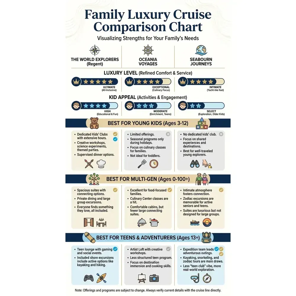 Top 3 Family Luxury Cruises – Family Luxury Cruise Comparison Chart infographic Key details: Featured image. Visual focus: A visual representation of the cruise comparison table, using icons.
