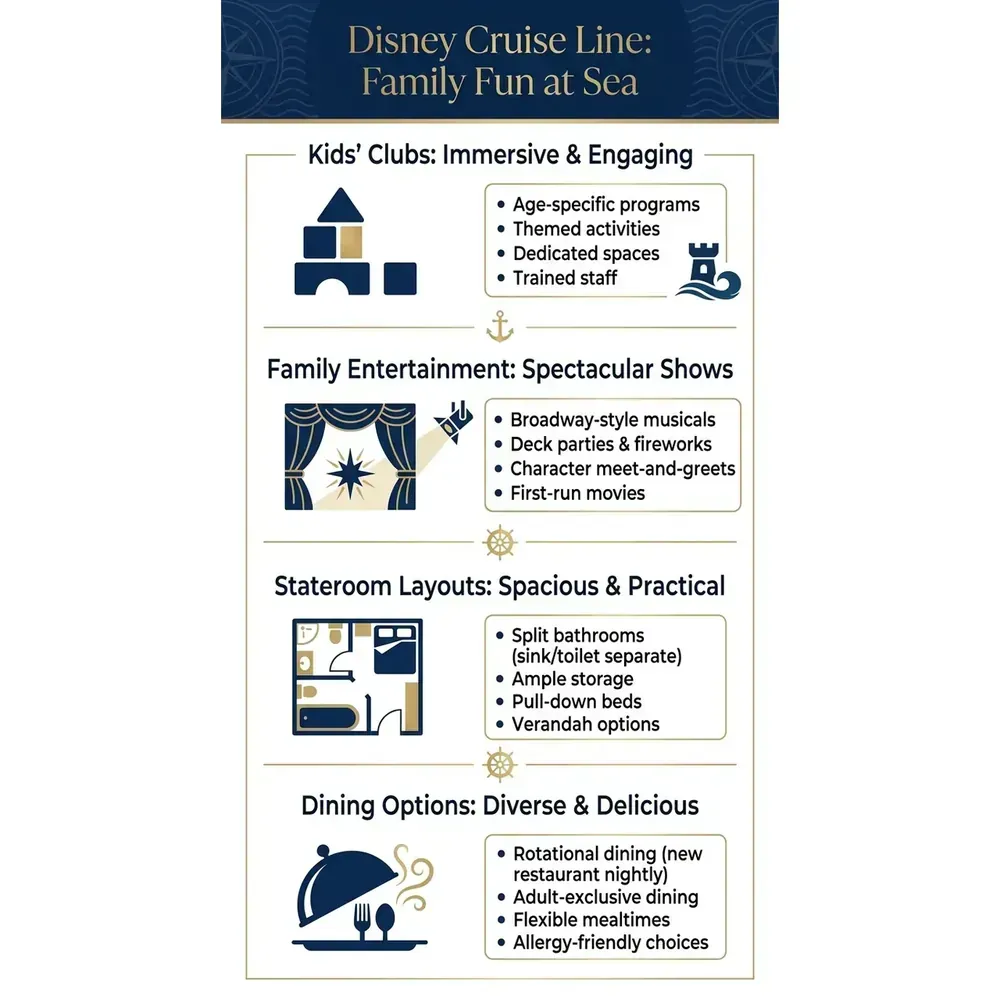Top 3 Family Luxury Cruises – Disney Cruise Line: Family Fun at Sea infographic for luxury cruise planning. Key details: Featured image. Visual focus: An infographic showcasing the key features and benefits of Disney.