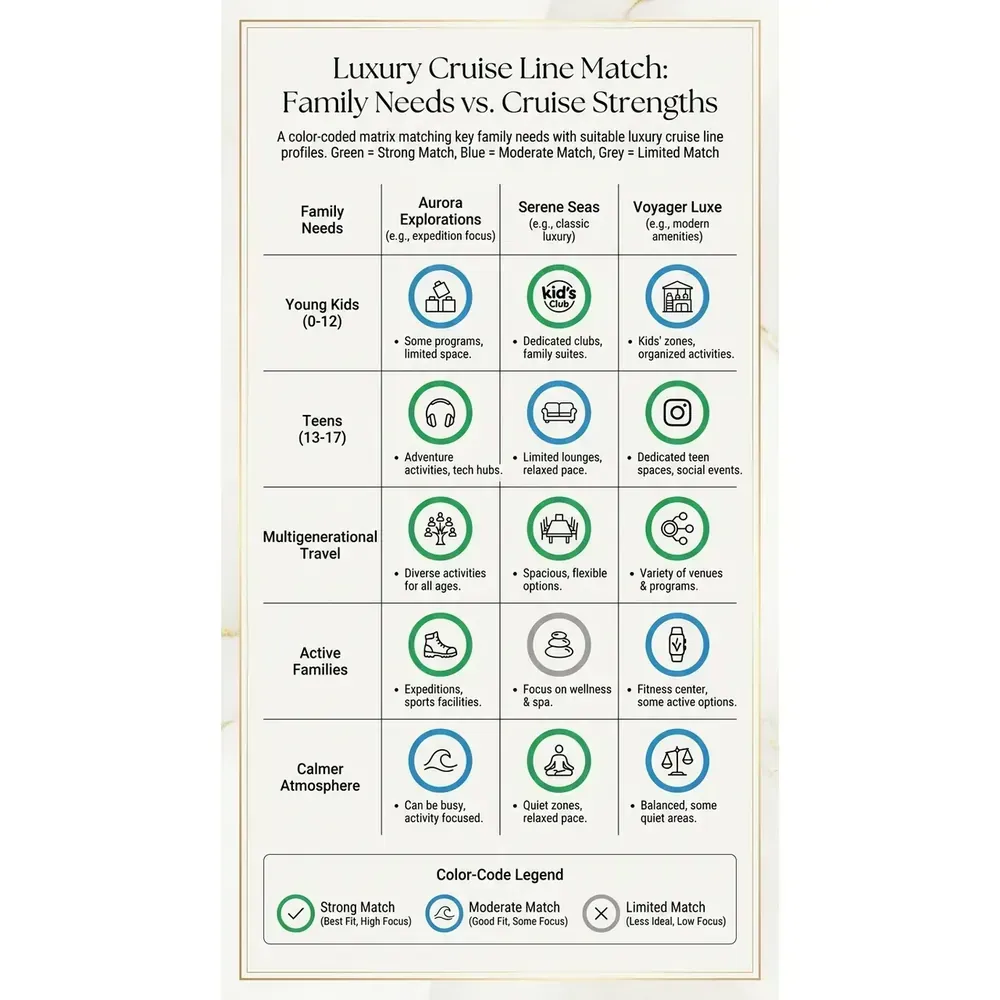 Top 3 Family Luxury Cruises – Luxury Cruise Line Match: Family Needs vs. Cruise Strengths infographic for luxury cruise planning. Key details: Featured image. Visual focus: A matrix matching family needs (young kids, teens, multigenerational.